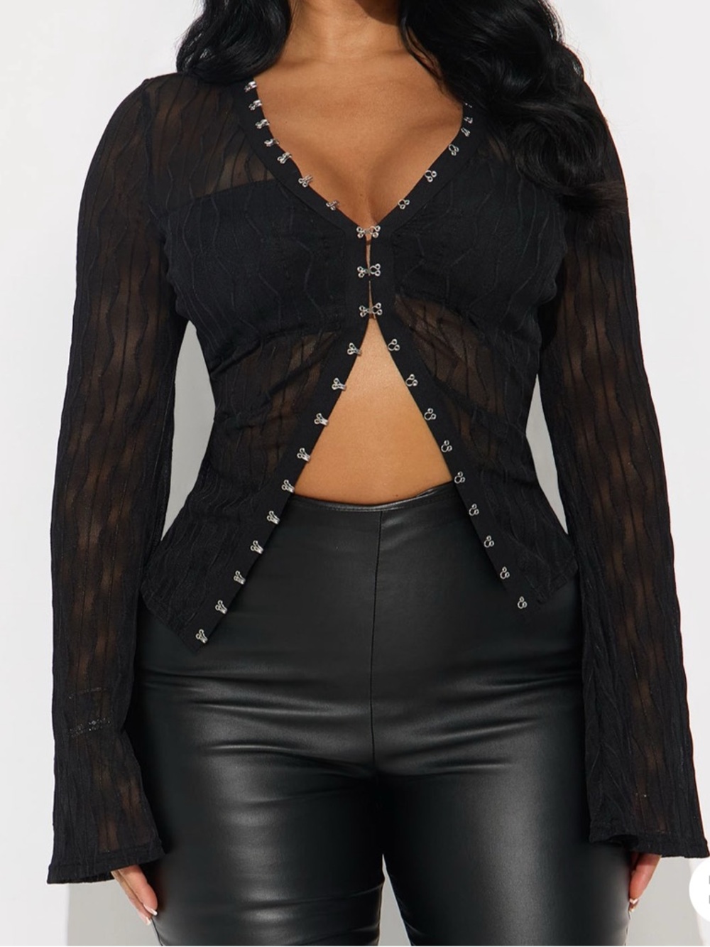 Black Sheer Hook-and-Eye Long Sleeve Blouse